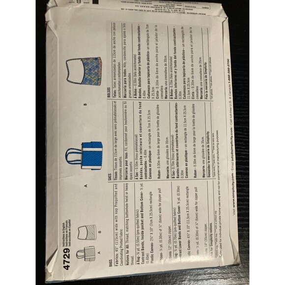 It's So Easy It's Simplicity Sewing Pattern 4729 Bags 2 Styles One Size UNCUT - Picture 2 of 3